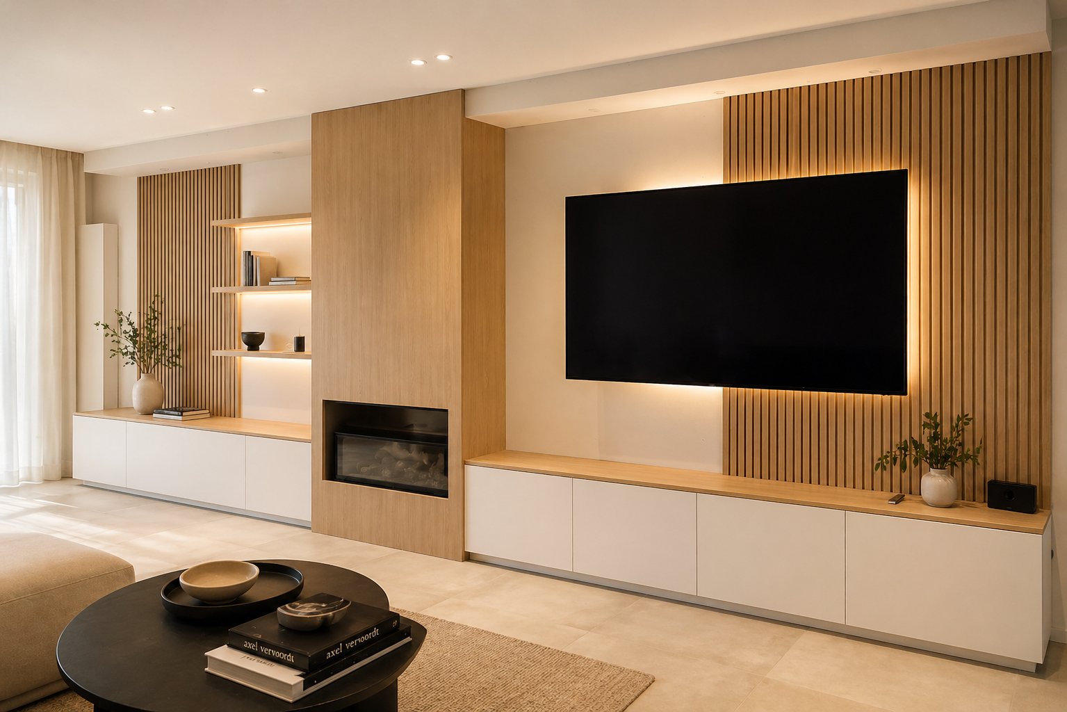 Meuble TV mural intégré avec niches et rangements