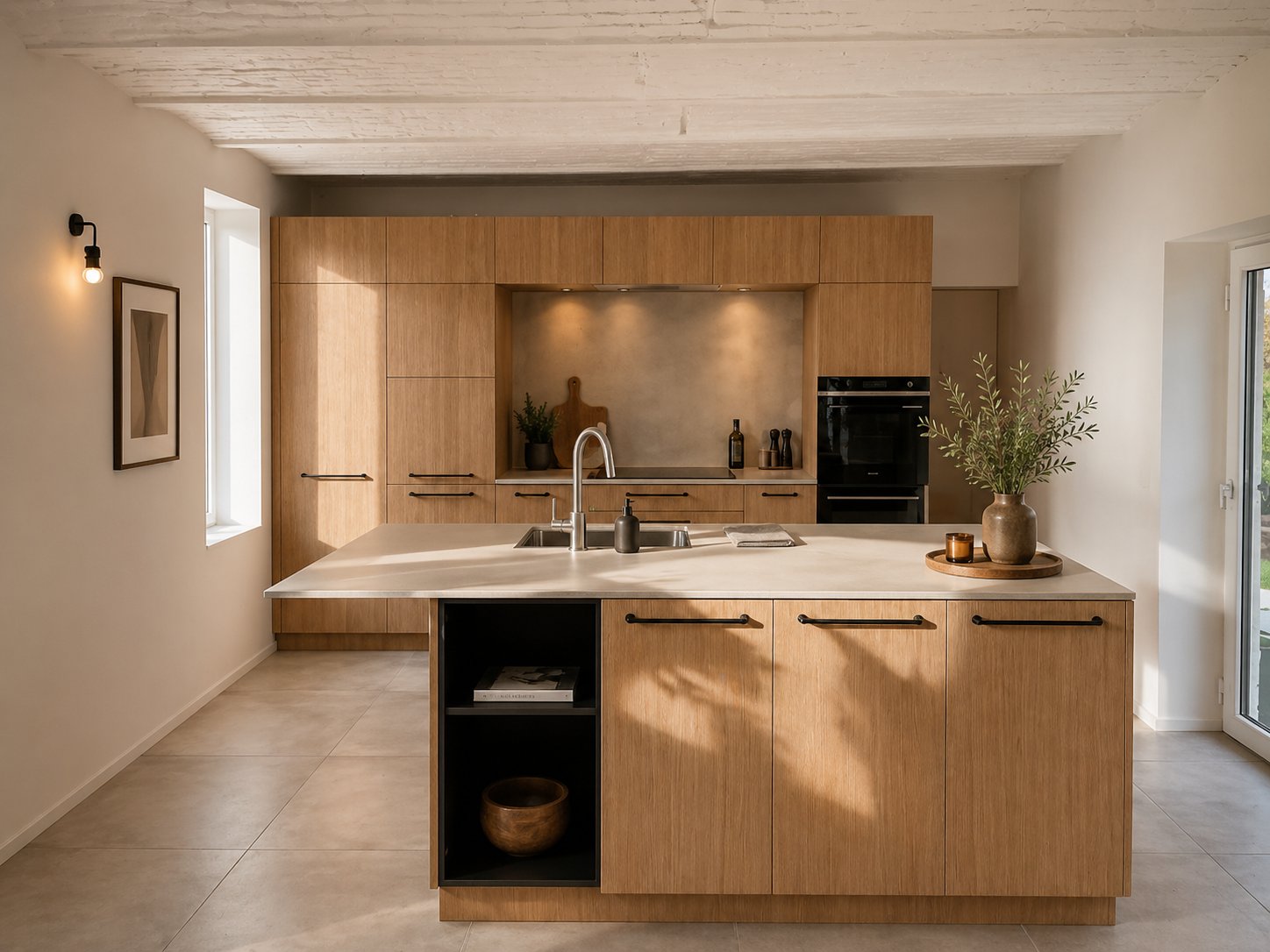 Cuisine en chêne — suivi de fil continu sur les façades