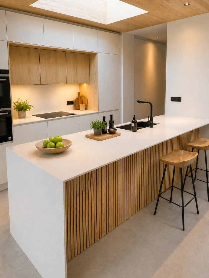Cuisine sur mesure avec îlot bois strié fabriquée en Belgique