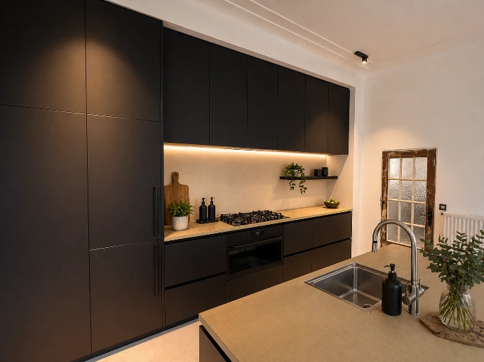 Cuisine noire mate sur mesure avec plan de travail en pierre