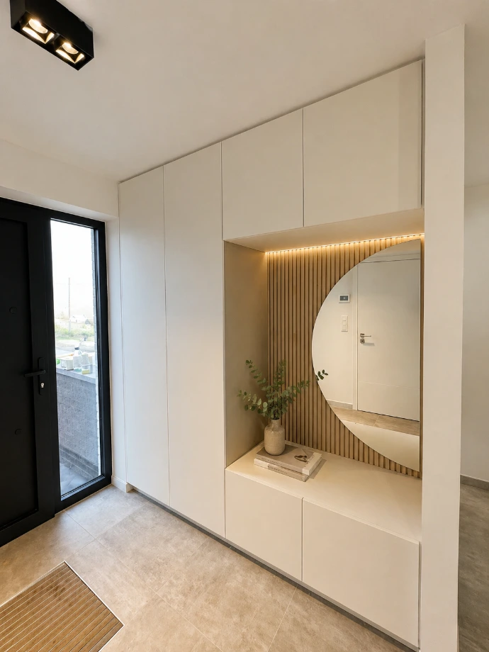Meuble d’entrée sur mesure avec miroir rond