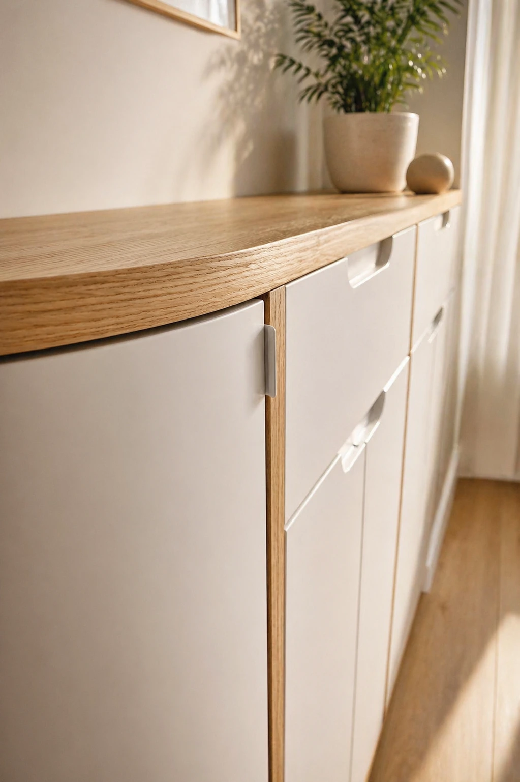 Meuble sur mesure blanc avec plateau bois et tiroirs intégrés